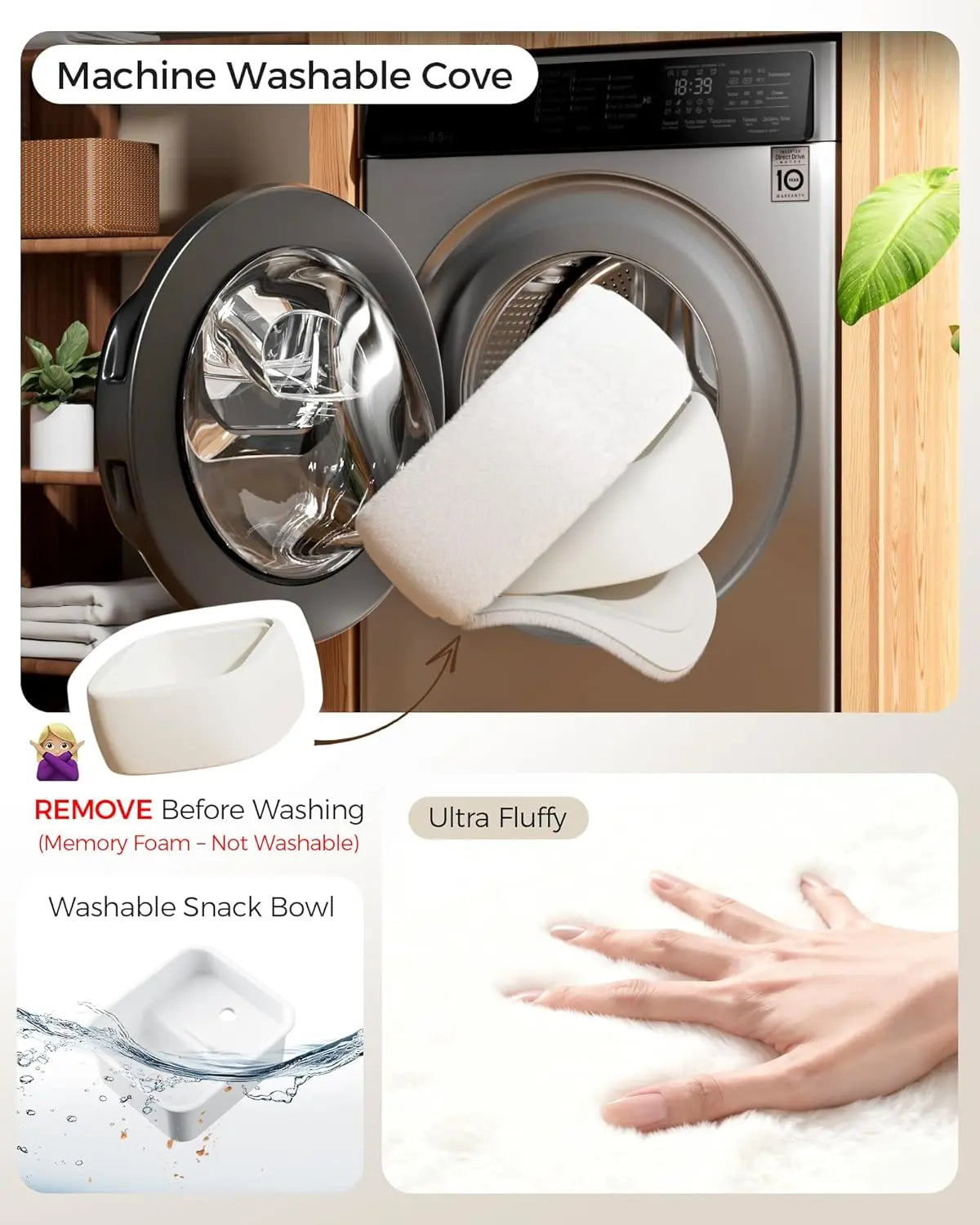 A knee-length tablet pillow stand with a snack bowl and foldable arms