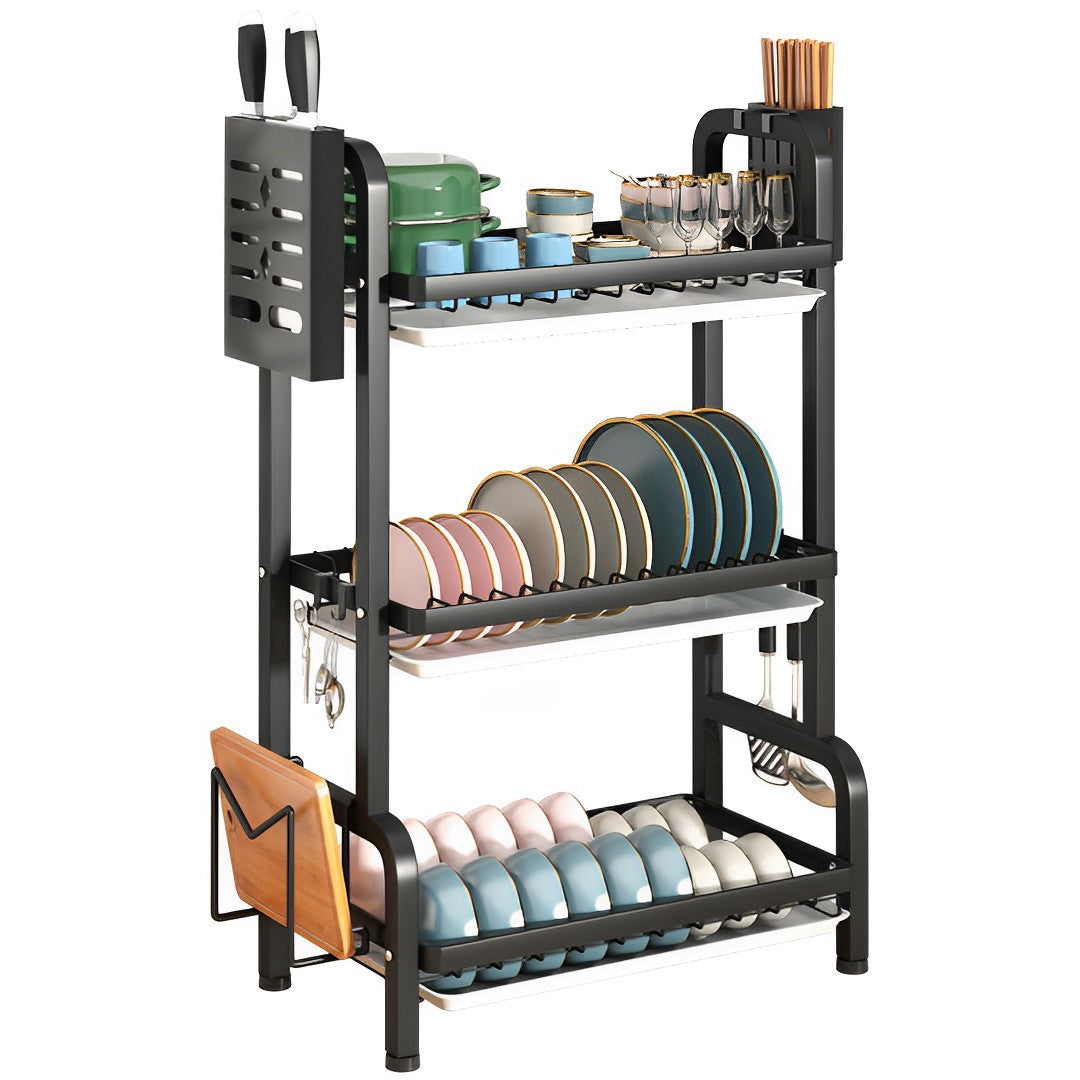 3 Tier 62cm Steel Black Kitchen Countertop Drying Rack Dish Plate Cutlery Cutting Board Holder Dish Drainer Kitchen Organiser