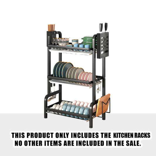3 Tier 62cm Steel Black Kitchen Countertop Drying Rack Dish Plate Cutlery Cutting Board Holder Dish Drainer Kitchen Organiser