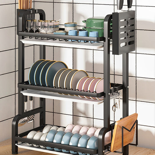 3 Tier 62cm Steel Black Kitchen Countertop Drying Rack Dish Plate Cutlery Cutting Board Holder Dish Drainer Kitchen Organiser