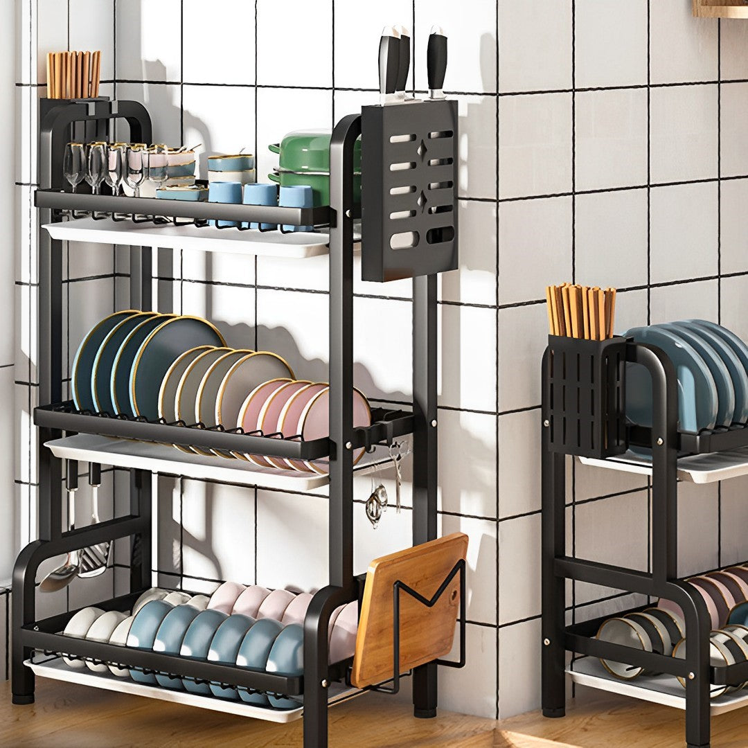 3 Tier 62cm Steel Black Kitchen Countertop Drying Rack Dish Plate Cutlery Cutting Board Holder Dish Drainer Kitchen Organiser