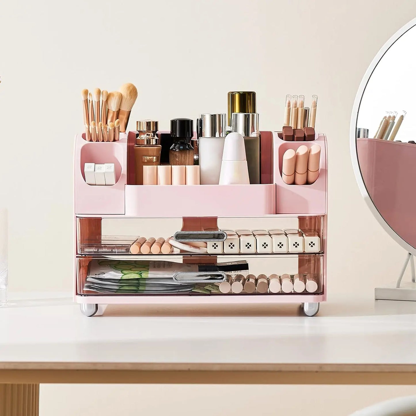 Makeup display cabinet and brush holder