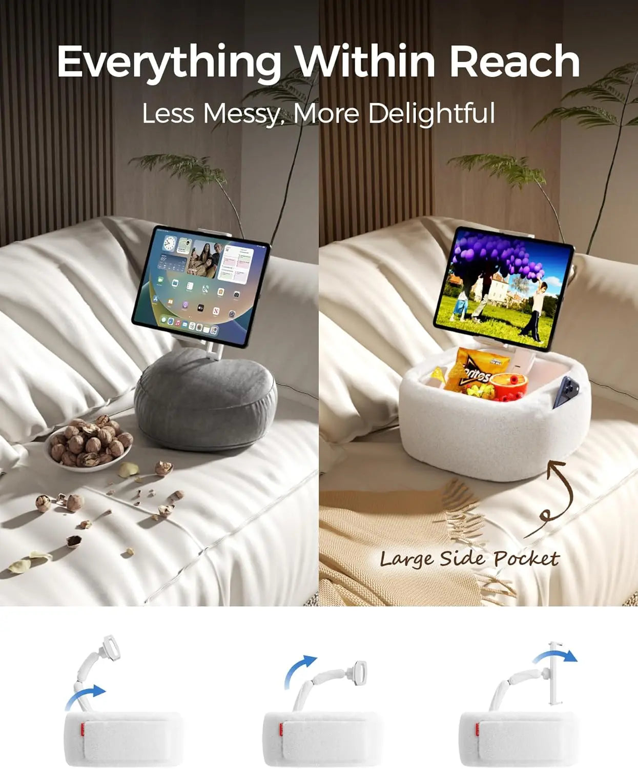 A knee-length tablet pillow stand with a snack bowl and foldable arms