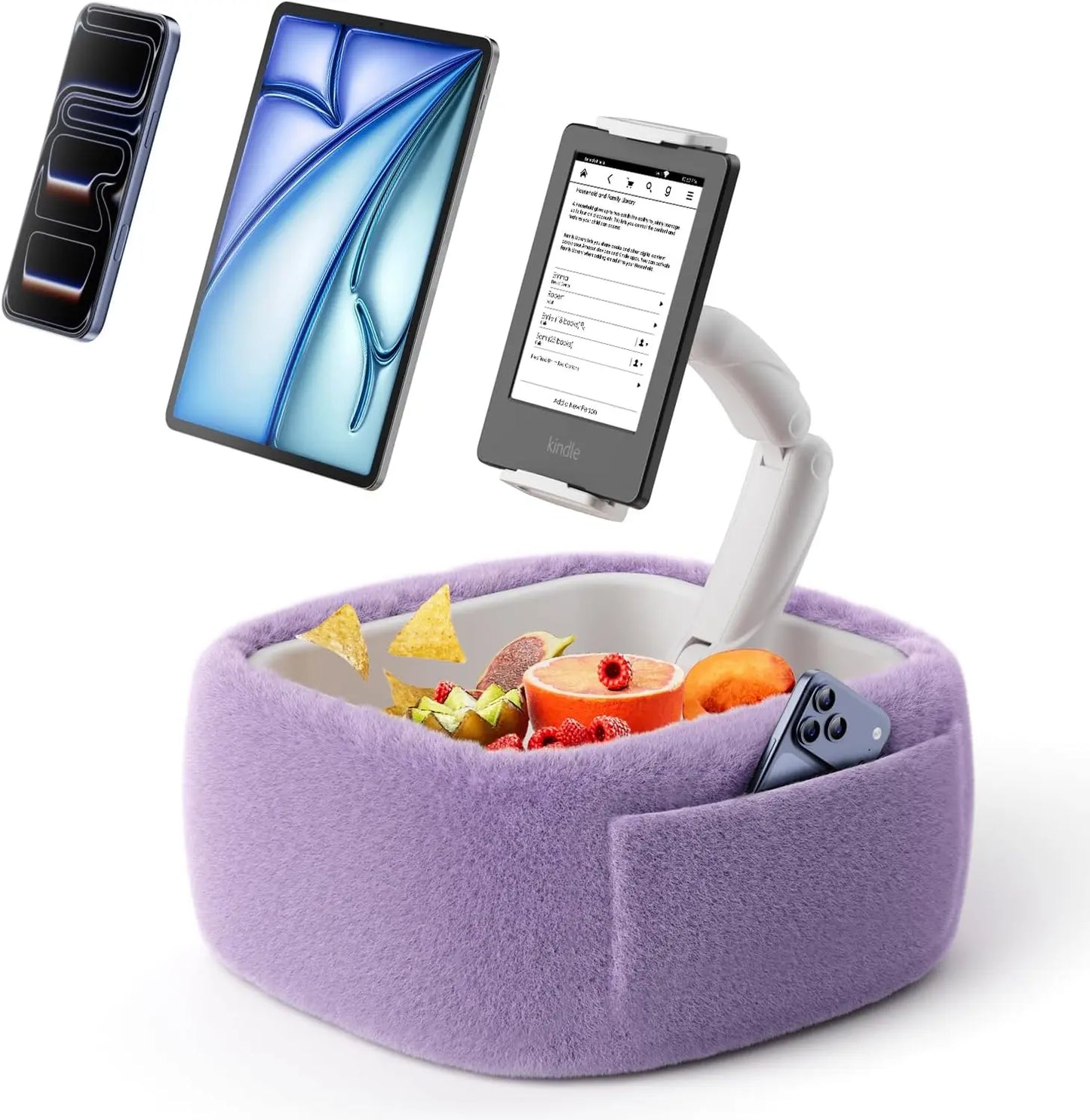 A knee-length tablet pillow stand with a snack bowl and foldable arms