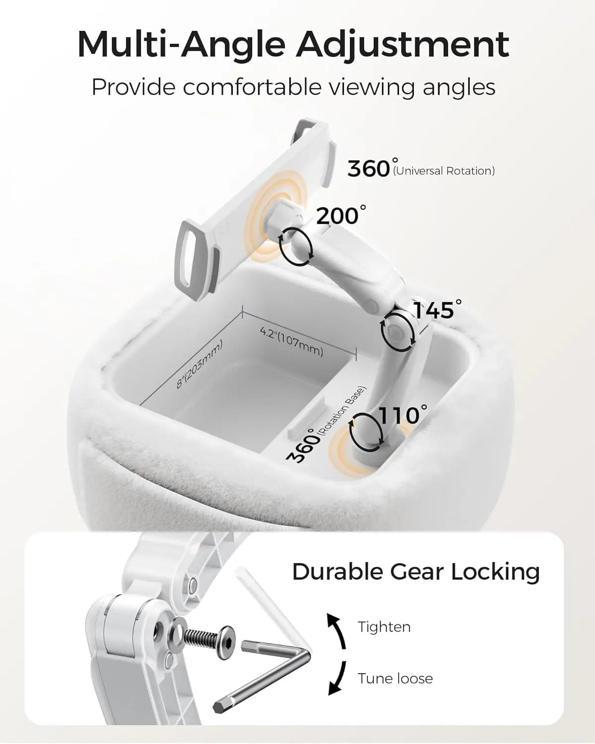 A knee-length tablet pillow stand with a snack bowl and foldable arms