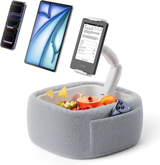 A knee-length tablet pillow stand with a snack bowl and foldable arms