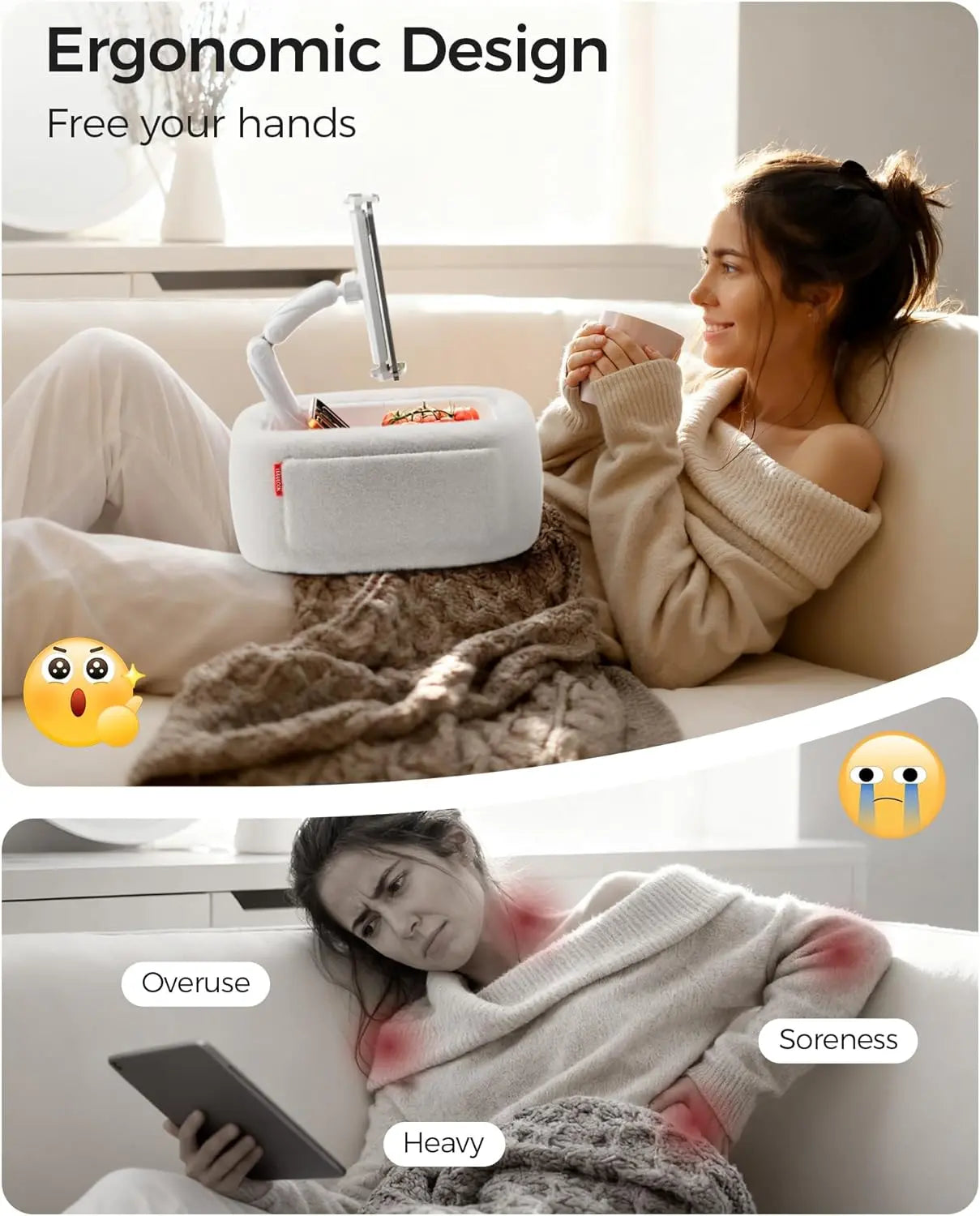 A knee-length tablet pillow stand with a snack bowl and foldable arms