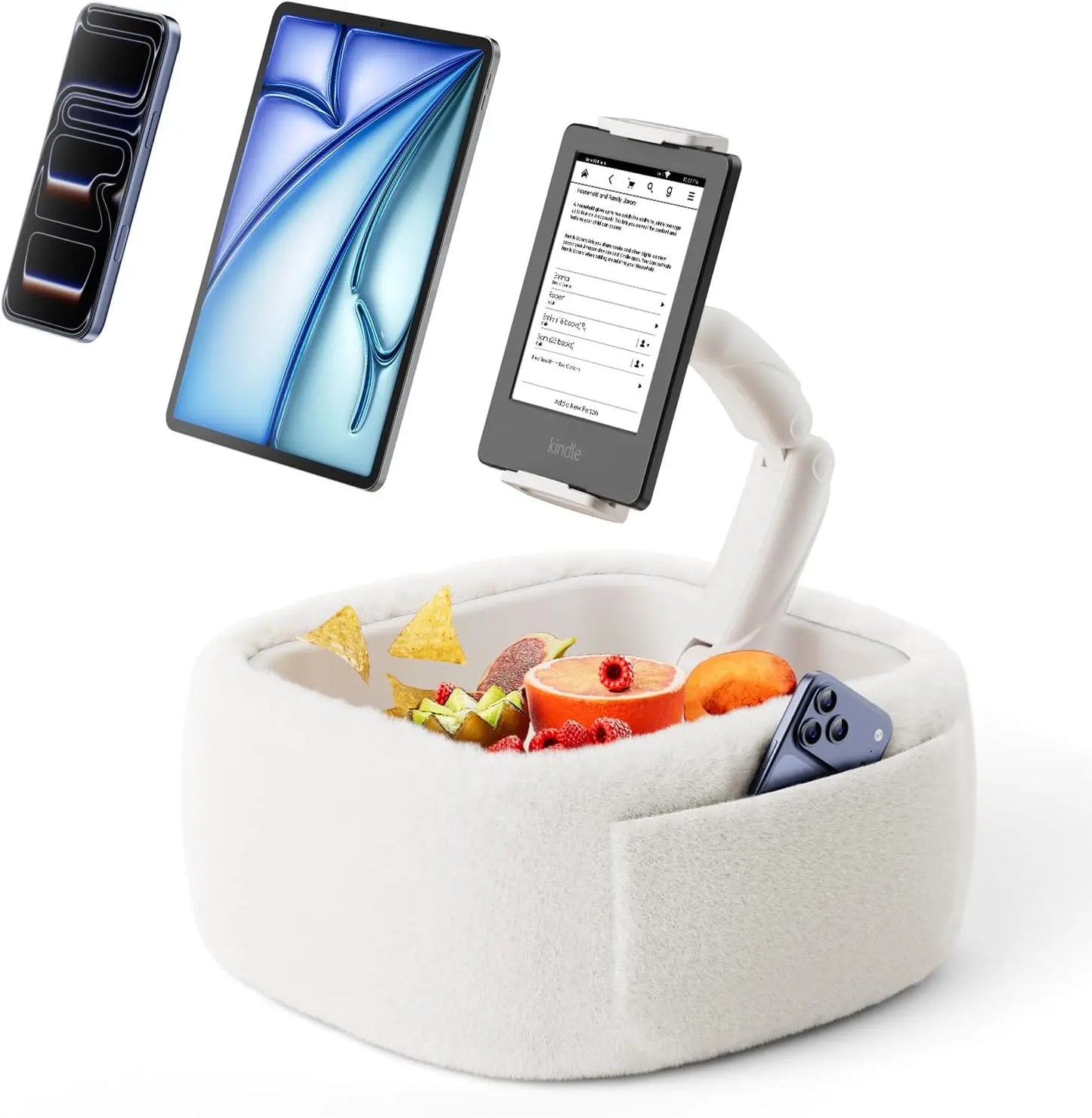 A knee-length tablet pillow stand with a snack bowl and foldable arms