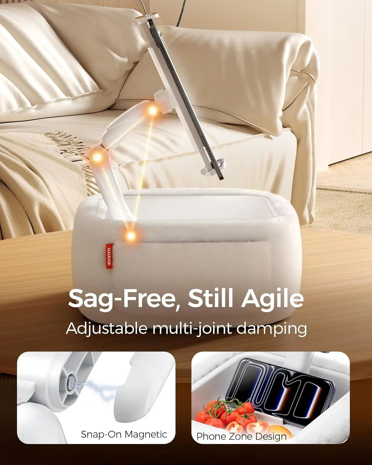 A knee-length tablet pillow stand with a snack bowl and foldable arms