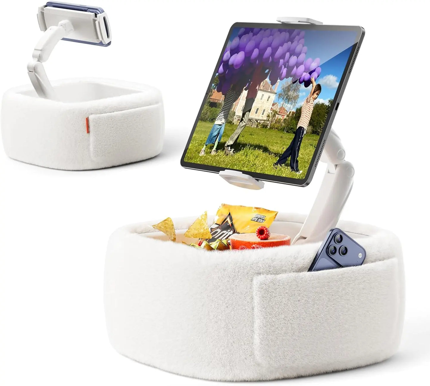 A knee-length tablet pillow stand with a snack bowl and foldable arms