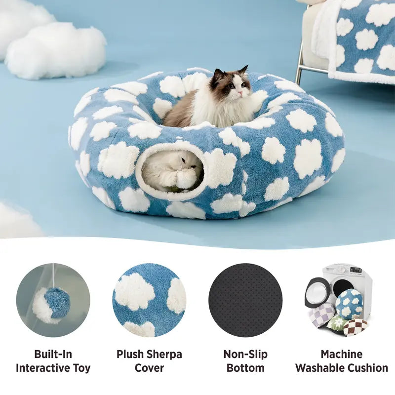 A warm, comfortable and cute cat donut tunnel with washable round pads
