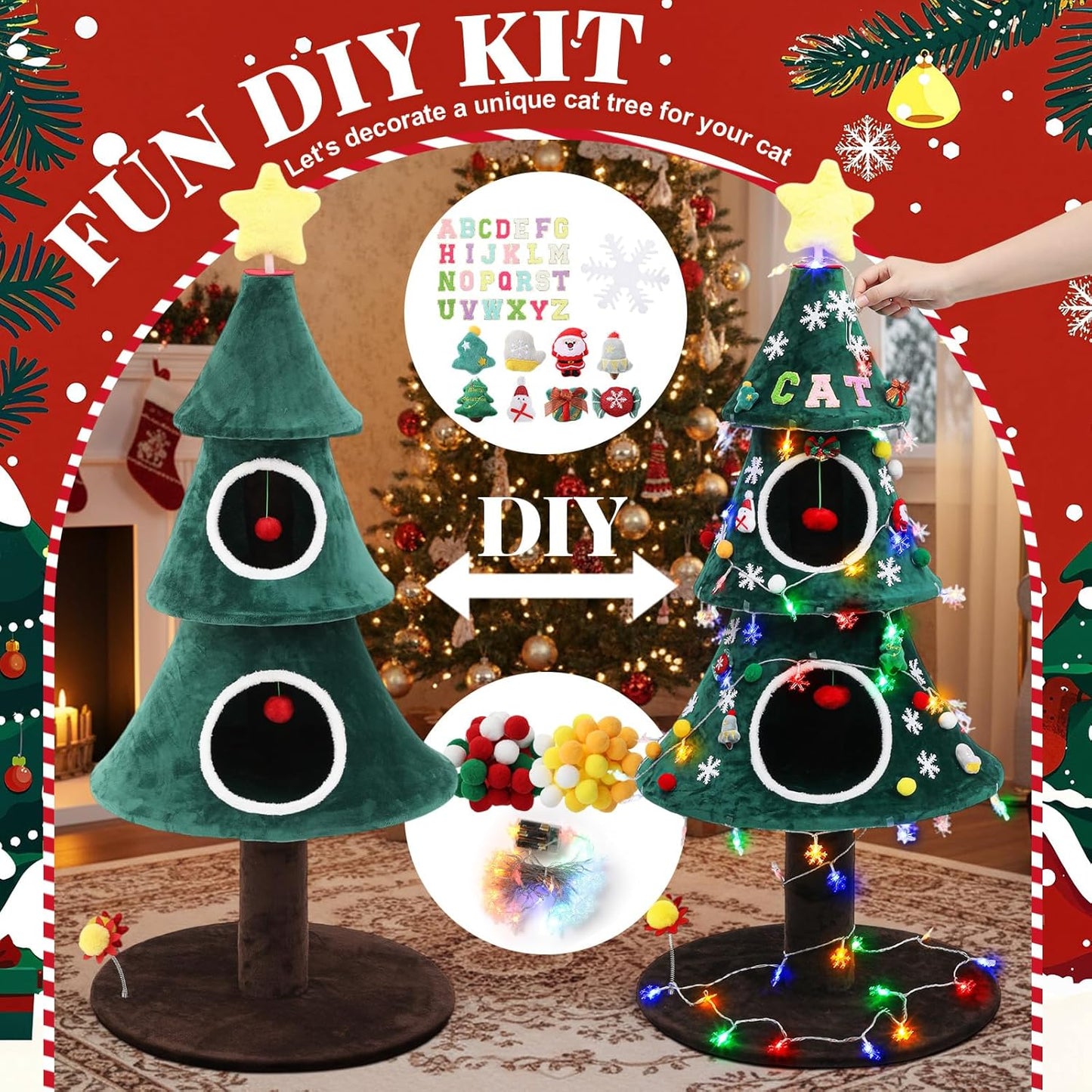 Christmas Cat Tree with 2 Cat House for Christmas Decoration