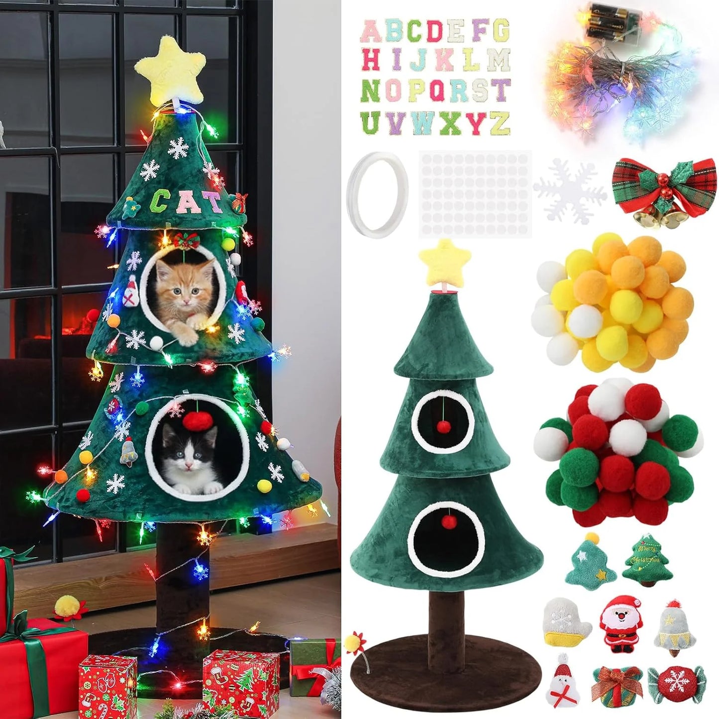 Christmas Cat Tree with 2 Cat House for Christmas Decoration