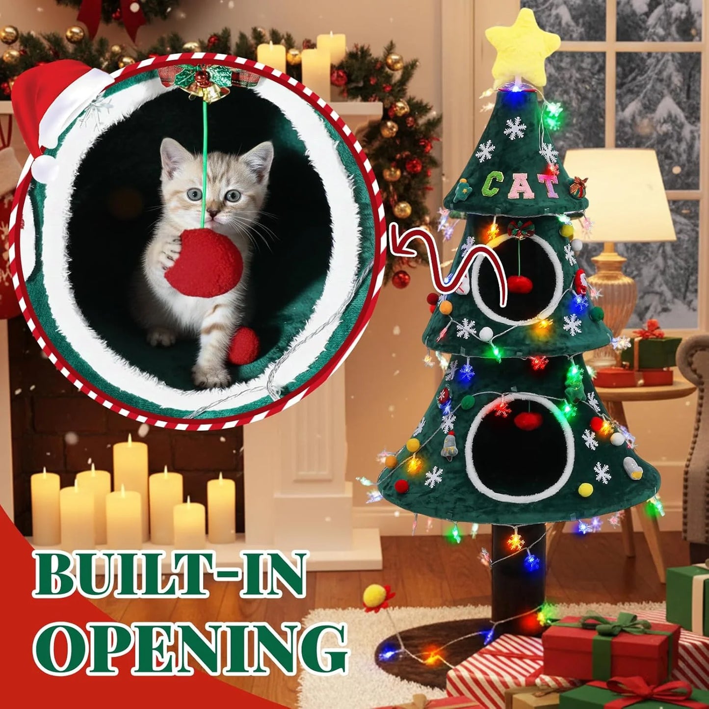 Christmas Cat Tree with 2 Cat House for Christmas Decoration